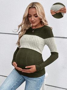 SHEIN Maternity Casual Colorblock Spring/Autumn Long Sleeve Round Neck Nursing Top Long Maternity T-Shirt Fall - Army Green - View 2