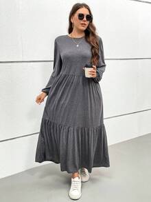 SHEIN Essnce 大码女式长裙，2 个口袋，秋季连衣裙，灰色连衣裙，女士服装连衣裙，带袖秋季女裙，秋季裙子，长款秋季连衣裙，秋季女装 - 深灰色 - 查看 3