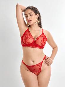 Slumbrini Elegant Sheer Embroidered Push Up Bra And Panty Lingerie Set For Plus Sizes, Lift Red - Red - View 3