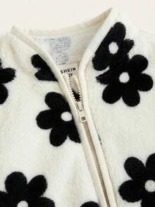 Jaket Kerah Tegak Bermotif Bunga Lembut Serbaguna untuk Bayi Perempuan, Cocok untuk Musim Gugur/Dingin - Hitam dan Putih - View 5
