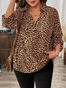 SHEIN LUNE Plus Size Leopard Print Mid-Sleeve Shirt Fall - Brown - View 5