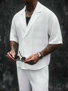 SLATEMANN Set da uomo con camicia a maniche corte casual ampia con colletto a revers, design a doppio petto e texture a nido d'ape tinta unita, e pantaloni lunghi con vita elastica - Bianco - Visualizzare 7