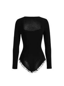 ROMWE PUNK Contrast Lace Sweetheart Neck Cross Detail Bodysuit - Multicolor - View 6