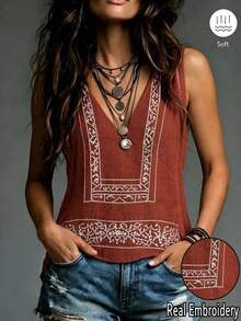 SHEIN Franclia 時尚V領刺繡休閒波希米亞風度假背心上衣 鐵鏽棕色 夏季 - 紅色 - 查看 1