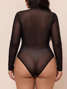 CovetEZ Summer/ New Sexy Country Solid Color Mesh Bodycon Plus Size Bodysuit Rave Cocktail Black - Black - View 2