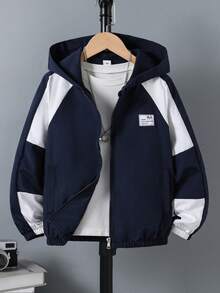SHEIN Chaqueta con capucha de manga larga con parches de letras y contraste de color para niño preadolescente - Azul - Ver 1