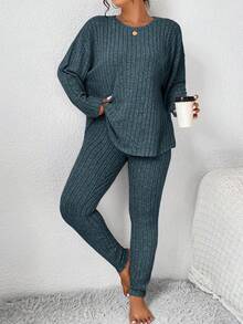 SHEIN Frenchy 女士秋季服装返校运动套装简约简约紧身纹理打底裤和长袖上衣套装女士加大两件套 - 水鴨藍 - 查看 7