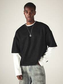 SUMWON Boxy Crop Washed T-Shirt With Oversized Gothic Logo Applique On Back Crew Neck Short Sleeve Streetwear Style - Black - View 4