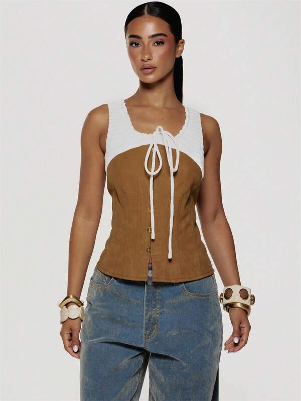 MUSERA Corduroy Structured Corset With Cream Open-Knit Overlay Boho, Sexy, Autumn, Festival, Girly, Studs & Suede