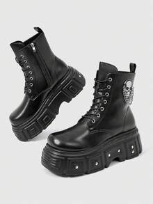 Sugerpunk Women Heeled Sandals Platform Punk Boots Skull Rivet Chain Dark Pu Platform Locomotive Booties Fall Shoes - Black - View 2