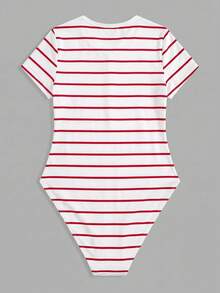 SHEIN BASICS 女款連身衣夏季穿搭，適合城市短途旅行度假，紅白條紋休閒熱帶風 - 紅白色 - 查看 5