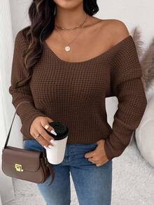 SHEIN Frenchy Plus Size Casual Solid Color Bow Decor Sweater, Autumn/Winter Fall - Brown - View 4