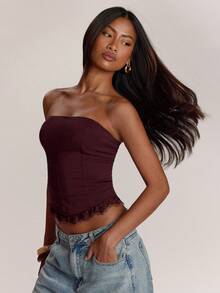 SHEIN BAE 女款素色修身百搭日常穿搭抹胸上衣 - 紫紅色 - 查看 5
