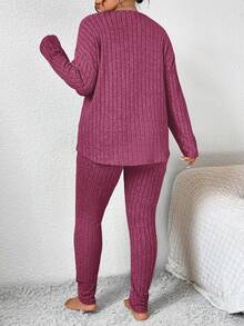 SHEIN Frenchy 纯色粒面面料家居服风格落肩 T 恤和紧身裤 - 玫紅色 - 查看 2