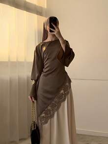 Celisse Women's Early Autumn New Loose Fit Asymmetrical Hem Lace Trim Long Sleeve Top - Brown - View 6