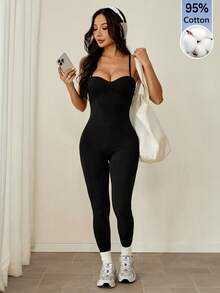 SHEIN PETITE Tuta aderente casual da donna con spalline sottili, tinta unita - nero - Visualizzare 8