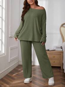 SHEIN Essnce Plus Size Casual Solid Color Long Sleeve Top And Pants 2 Pieces Set/Winter Fall - Army Green - View 4
