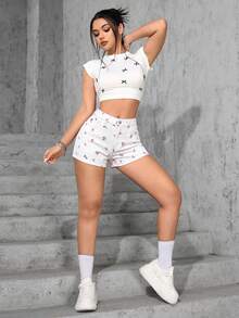 SHEIN EZwear 女款夏季休閒碎花牛仔短褲 - 白色 - 查看 3