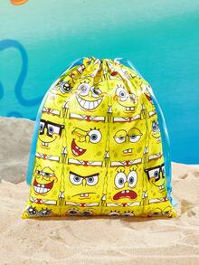 SpongeBob SquarePants | SHEIN 海洋卡通緞面抽繩收納袋，單件或組合販售，柔軟光滑布料，防塵抽繩設計，適合旅行衣物與盥洗用品收納 - 黃藍色 - 查看 5