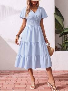 Celisse Summer Style Blue And White Stripe V-Neck Flutter Sleeve Cinched Waist Tiered Ruffle Hem Elastic Long Dress For Women Picnic Vacation French Boho - Blue - View 4