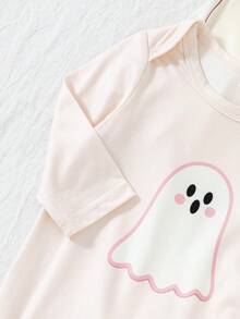 SHEIN Playful Pals Baju Terusan Bayi Baru Lahir Motif Lucu untuk Halloween, Set Pakaian Rumah 3 Potong, Motif Hantu Kecil yang Menggemaskan. - Aprikot - View 4