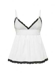 ROMWE Ribbed Lace Trim Camisole & Shorts Casual Pajama Set - Black and White - View 6