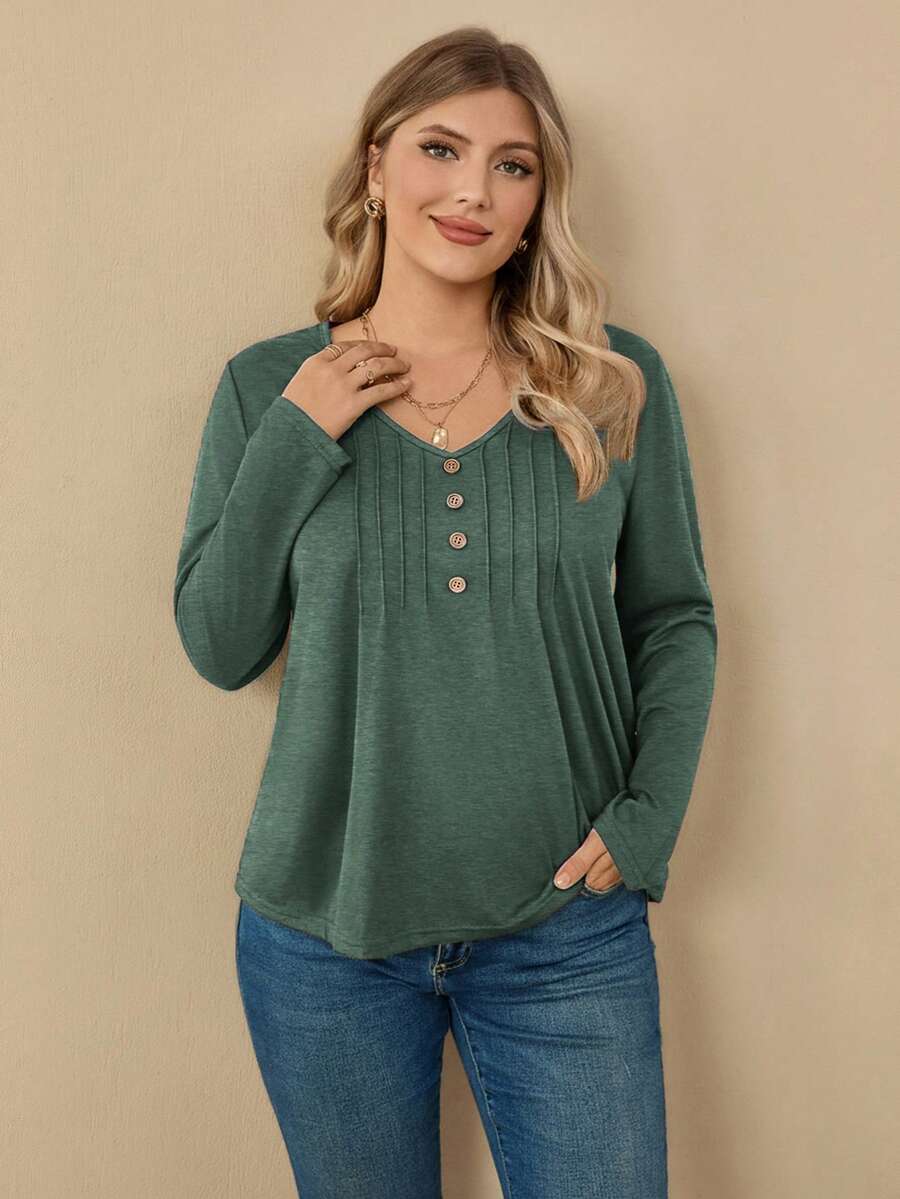 EMERY ROSE Plus Size Casual Versatile Long Sleeve T-Shirt, Autumn - Dark Green - View 1