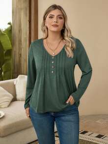 EMERY ROSE Plus Size Casual Versatile Long Sleeve T-Shirt, Autumn - Dark Green - View 6