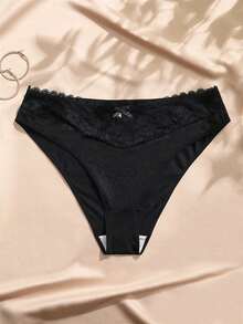 Charlaine 1pc Black Plus Size Women's Lace Patchwork Satin Panties - Black - View 1