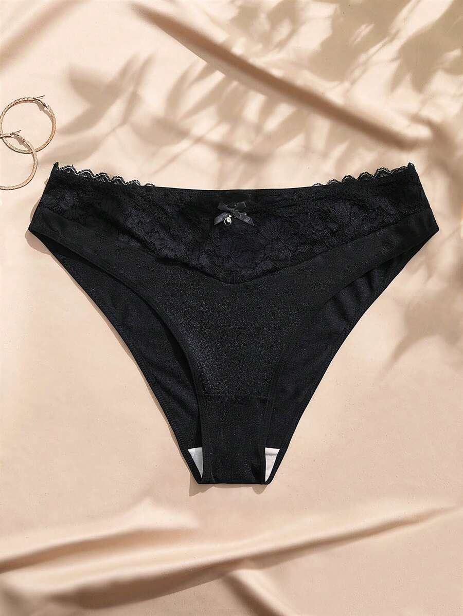 Charlaine 1pc Black Plus Size Women's Lace Patchwork Satin Panties - Black - View 1