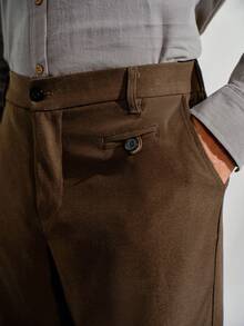 VeloEdit Men Button Detail Slant Pocket Suit Pants Formal, CeremonyFall Winter Business Commute‌ Old Money - Coffee Brown - View 8