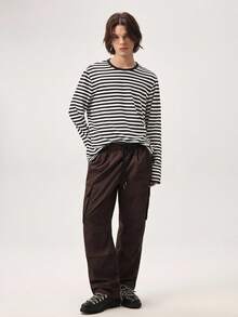 Men Flap Pocket Side Drawstring Waist Oversize Cargo Pants, Fall Wide Leg - Coffee Brown - View 7