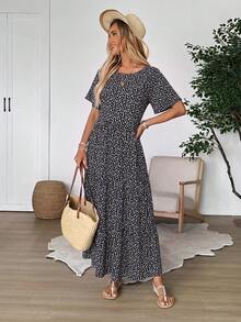 Rusticease Damen Große Größen Dunkelgrün Rundhals Kurzarm Rüschen Saum Kleid Urlaub Sommer Boho Korsett Lässig - Schwarz - Übersicht 7
