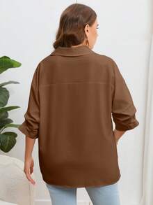 SHEIN Essnce 大碼補丁貼口袋抽褶袖襯衫 - 棕色 - 查看 2