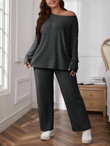 SHEIN Essnce 2件套加大码纯色罗纹圆领长袖上衣和裤子套装 - 深灰色 - 查看 4