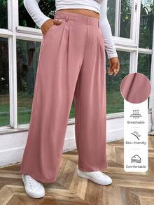SHEIN Essnce High Waisted Plicated Side Pocket Wide Leg Waffle Work Plus Size Pants Fall - Pink - View 1