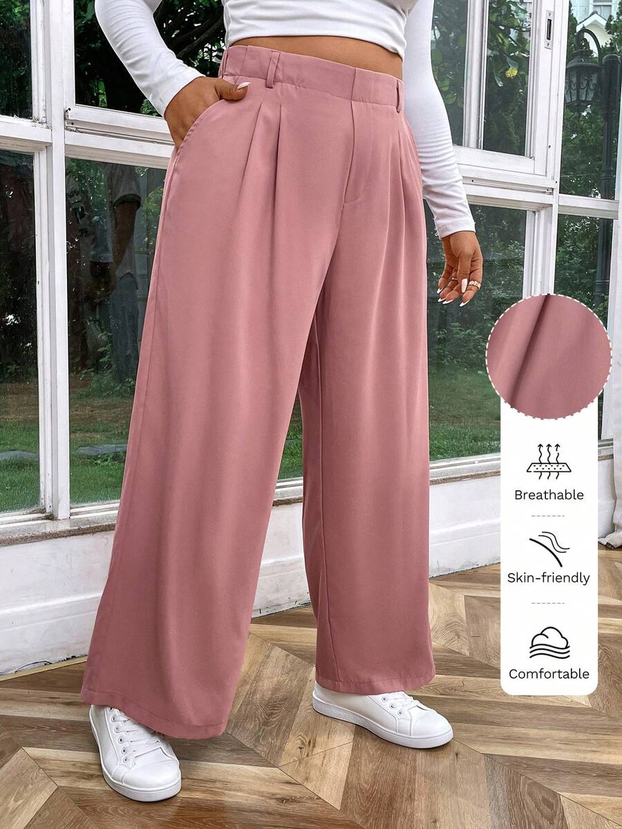 SHEIN Essnce High Waisted Plicated Side Pocket Wide Leg Waffle Work Plus Size Pants Fall - Pink - View 1