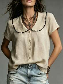 SHEIN Franclia 女士休闲衬衫、优雅衬衫、复古法式衬衫、夏季上衣、简约日常衬衫、正式办公衬衫、通勤度假衬衫、米色衬衫、刺绣衬衫 - 杏色 - 查看 5