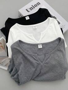 SHEIN 3pcs/Set Teen Girl Solid Color V-Neck Long Sleeve Casual T-Shirt Set - Multicolor - View 1
