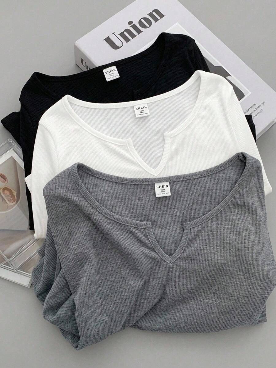 SHEIN 3pcs/Set Teen Girl Solid Color V-Neck Long Sleeve Casual T-Shirt Set - Multicolor - View 1