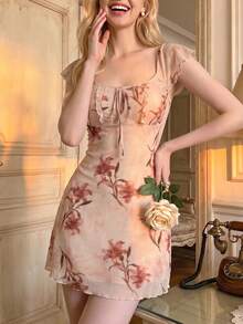 SHEIN MOD 女款復古花卉印花打結胸前抓皺圓領無袖洋裝 - 彩色 - 查看 1