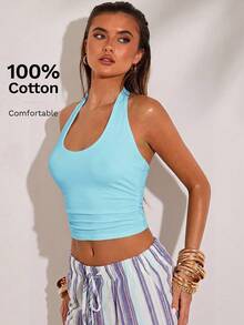 SHEIN BAE Women's Solid Color Backless Halter Neck Cropped Tank Top - Mint Blue - View 5