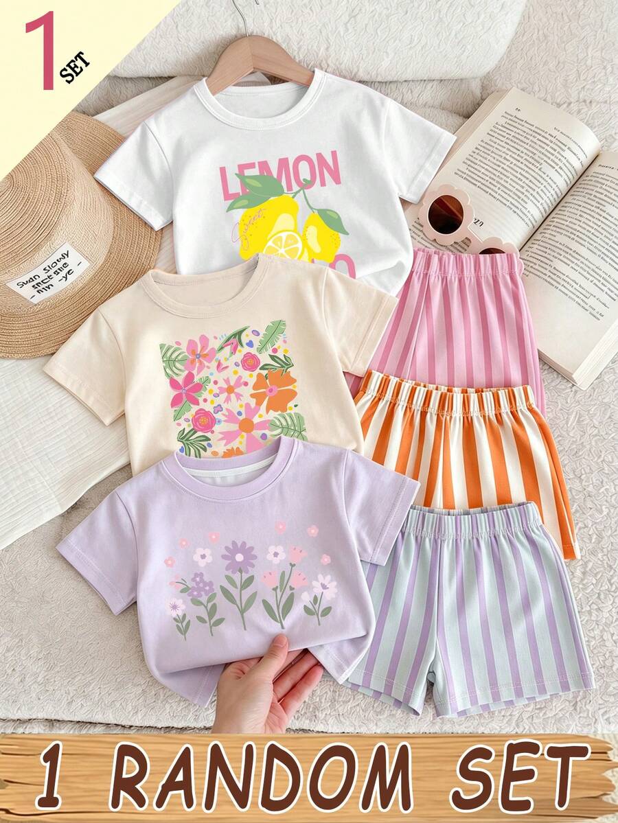 (Pola Acak, 1 Set Acak) Kaos Pendek dan Celana Pendek Anak Perempuan Motif Bunga Ceri, Lemon, Stroberi, Kuning Pucat, Putih, Garis Vertikal - MultiWarna - View 1