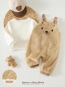 Cozy Pixies Baby Boy Solid Color Knit Soft Crew Neck Long Sleeve Pullover Sweatshirt With Cute Teddy Bear Embroidered Pattern And Suspenders Long Pants 2-Piece Set, Versatile And Comfortable - Khaki - View 9