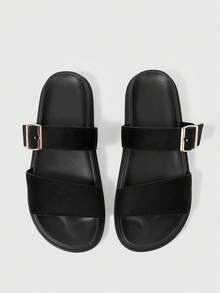 Sleekvia Women's Summer New Belt Buckle Thick Sole Sandals, Soft Leather Outdoor Slippers, Versatile Casual Beach Slouchy Shoes - Black - View 2
