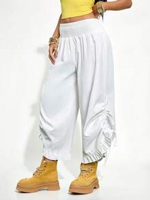 Gowayae Gowayae Women's New Fashion Solid Color Ruffle Side Drawstring White Loose Long Pants Autumn Fashion Streetwear Casual Millennium Soft Girl Gen Z Sportswear - White - View 6