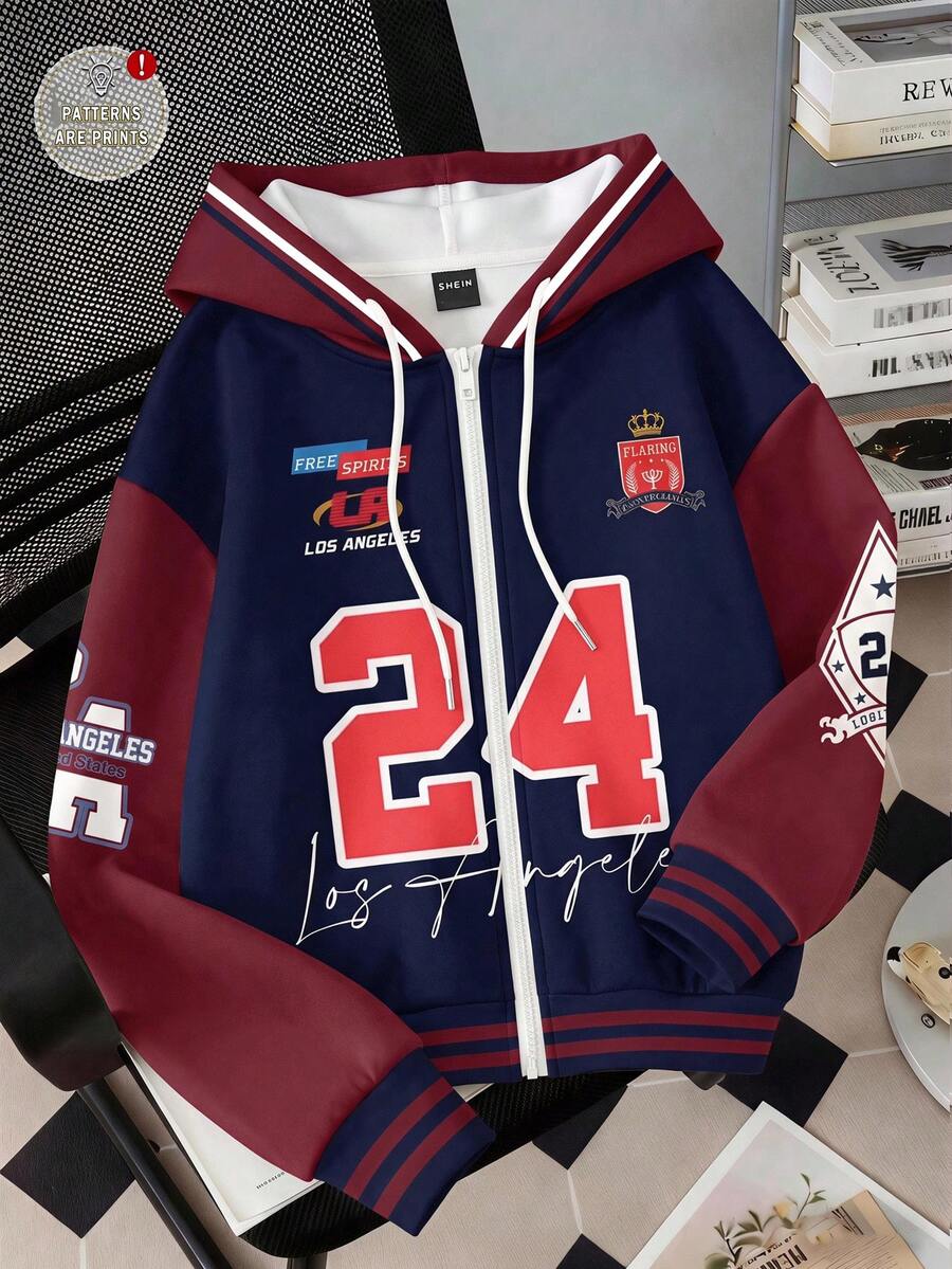 SHEIN EZwear 女款休閒寬鬆美式復古拉鍊連帽衛衣,秋冬服飾,拼色拼接,街頭風,適合教師,海軍藍 - 彩色 - 查看 1
