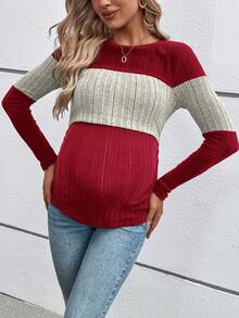SHEIN Maternity Casual Color Block Spring/Autumn Long Sleeve Round Neck Nursing Top Long T-Shirt Fall - Red - View 6