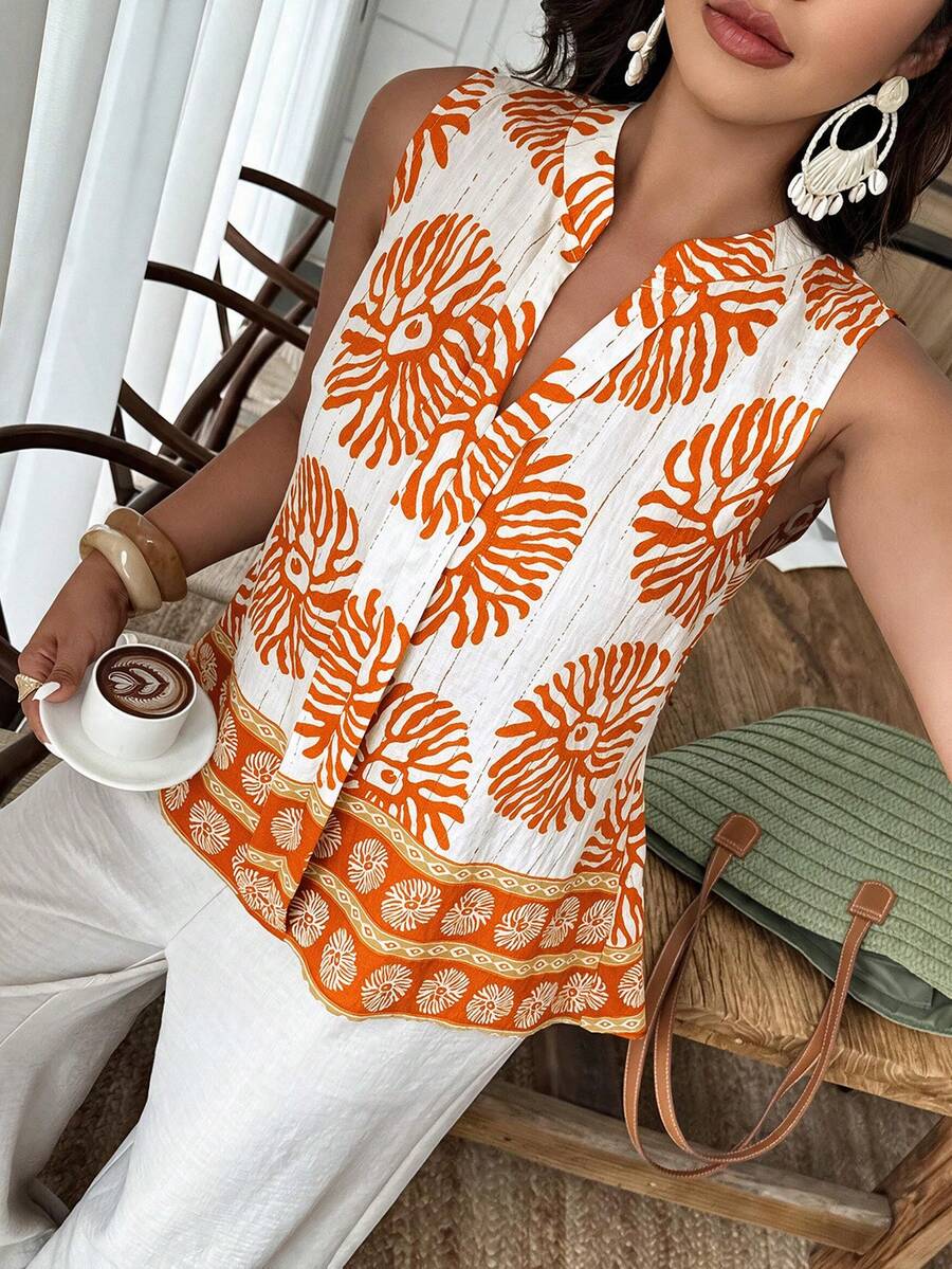 Elouméa 女款春夏休閒度假雙色葉脈印花寬鬆無袖襯衫，適合日常穿著與度假 - 彩色 - 查看 1