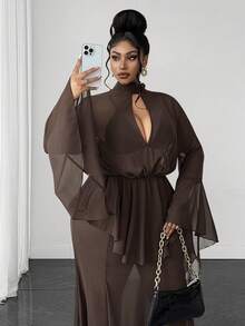 Maweii Gaun Mermaid Sensual Lengan Lonceng Transparan dengan Hem Dua Lapis untuk Wanita Ukuran Plus, Musim Gugur - Coklat - View 2